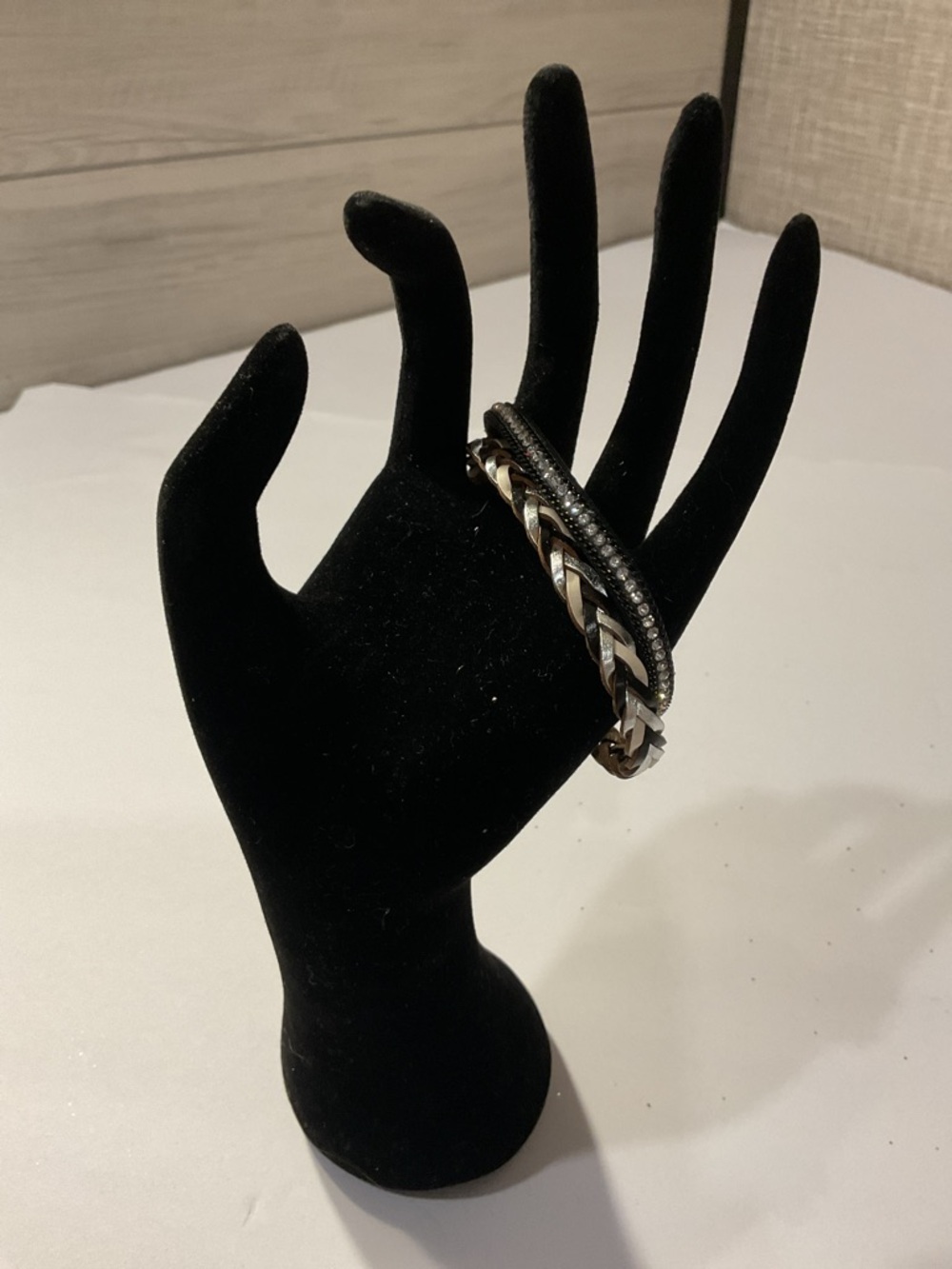 Multi-Texture Braided Leather Bracelet w/ Rhinestones and Silver Magnetic Clasp